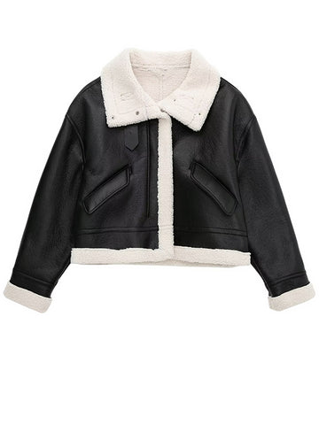 Airchics court manteau aviateur simili cuir boutonnage avec poches col revers manches longues femme style boyfriend